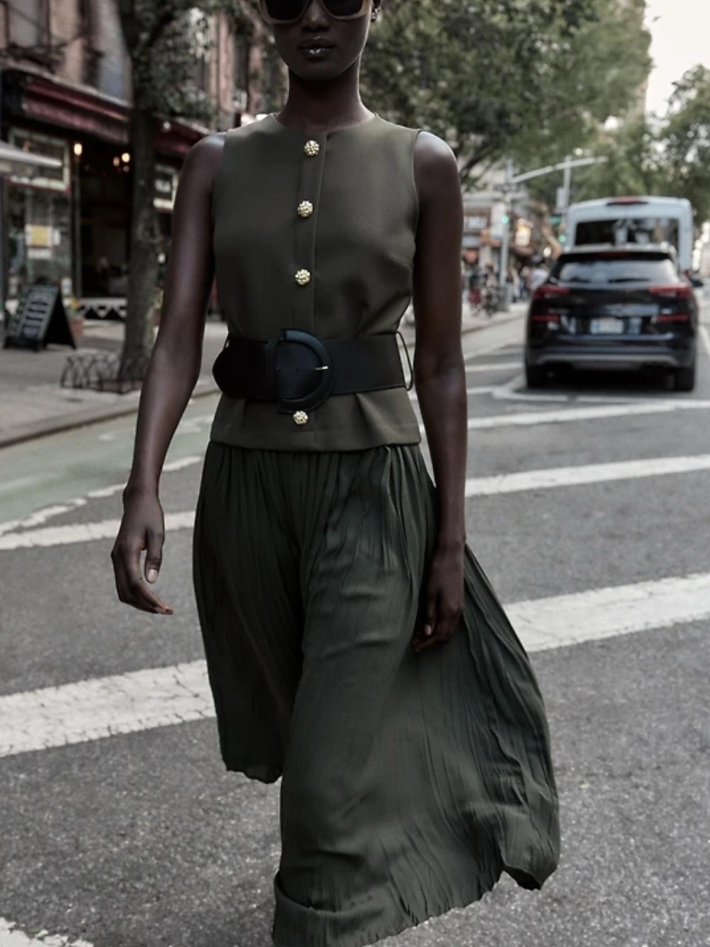 Zara Olive Green Sleeveless Midi Dress with Gold Buttons- NWT